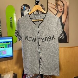 New York Brooklyn, button-down, gray, and black baseball jersey